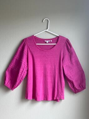 Chicos Hot Pink Mixed Media Linen Cotton Pintuck Puff 3/4 Sleeve Top Size Medium